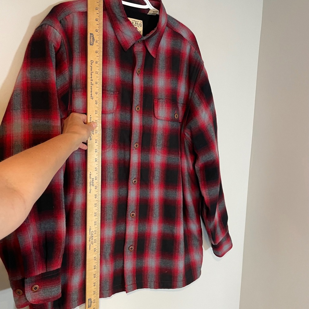 Red Head Mens L Fleece Lined Flannel Shirt Red Black Plaid Heavy Shacket Warm - Picture 3 of 7